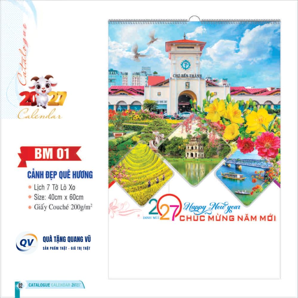 Mẫu lịch Tết 2027 dạng 7 tờ lò xo mã BM01 chủ đề Cảnh đẹp quê hương